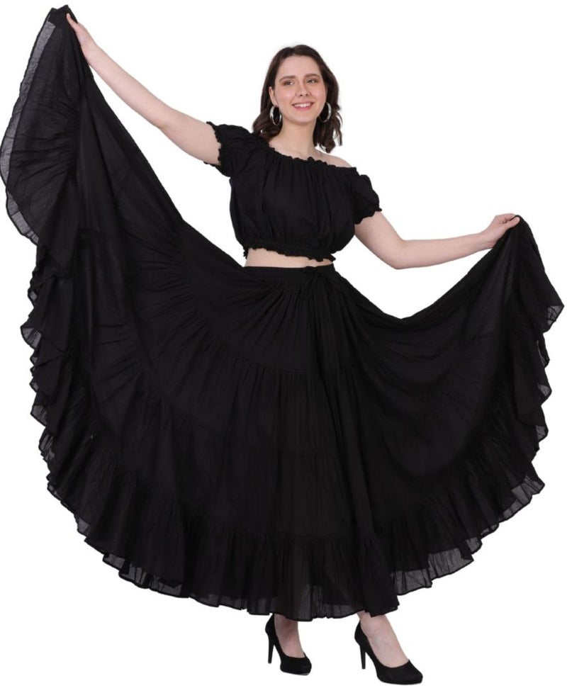 WevezÂ® Women's Plus Size Gypsy 25 Yard Long Flowy Solid Color Renaissance fair Skirt (Black) - Image 1